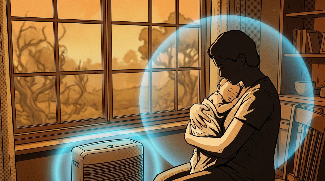 A cel-poster illustration of a parent cradling a sleeping baby indoors, wrapped in the clean blue glow of an air purifier, while ochre smog presses against the window outside.