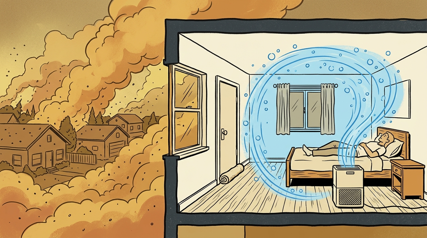 Cutaway view of a bedroom with a closed window and door, a towel placed at the door gap, a portable air cleaner circulating blue-tinted air, and dense smoke surrounding houses outside.
