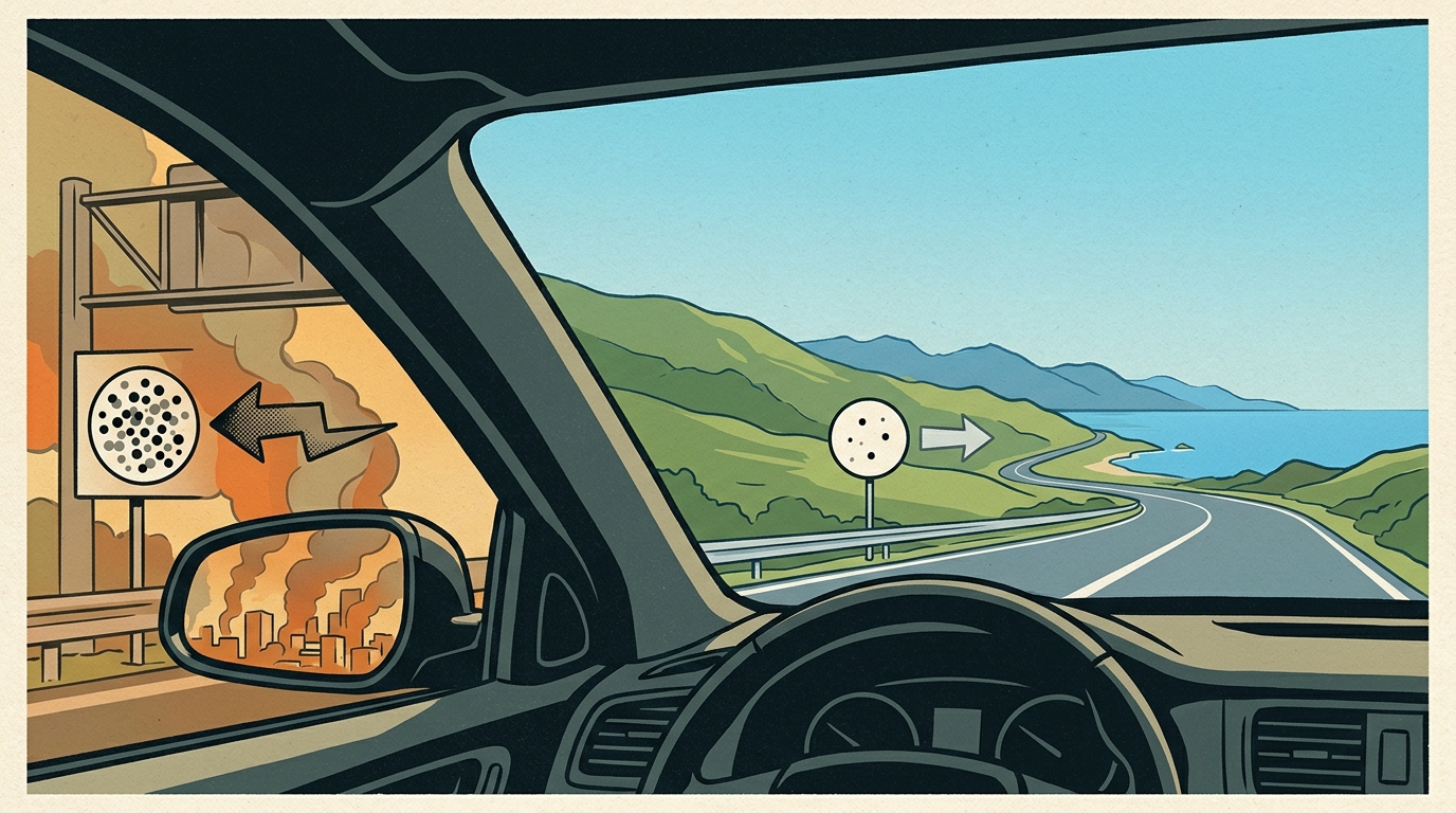 View through a car windshield toward a clear coastal road, a smoky city receding in the side mirror, and roadside particle symbols contrasting smoky and cleaner air.