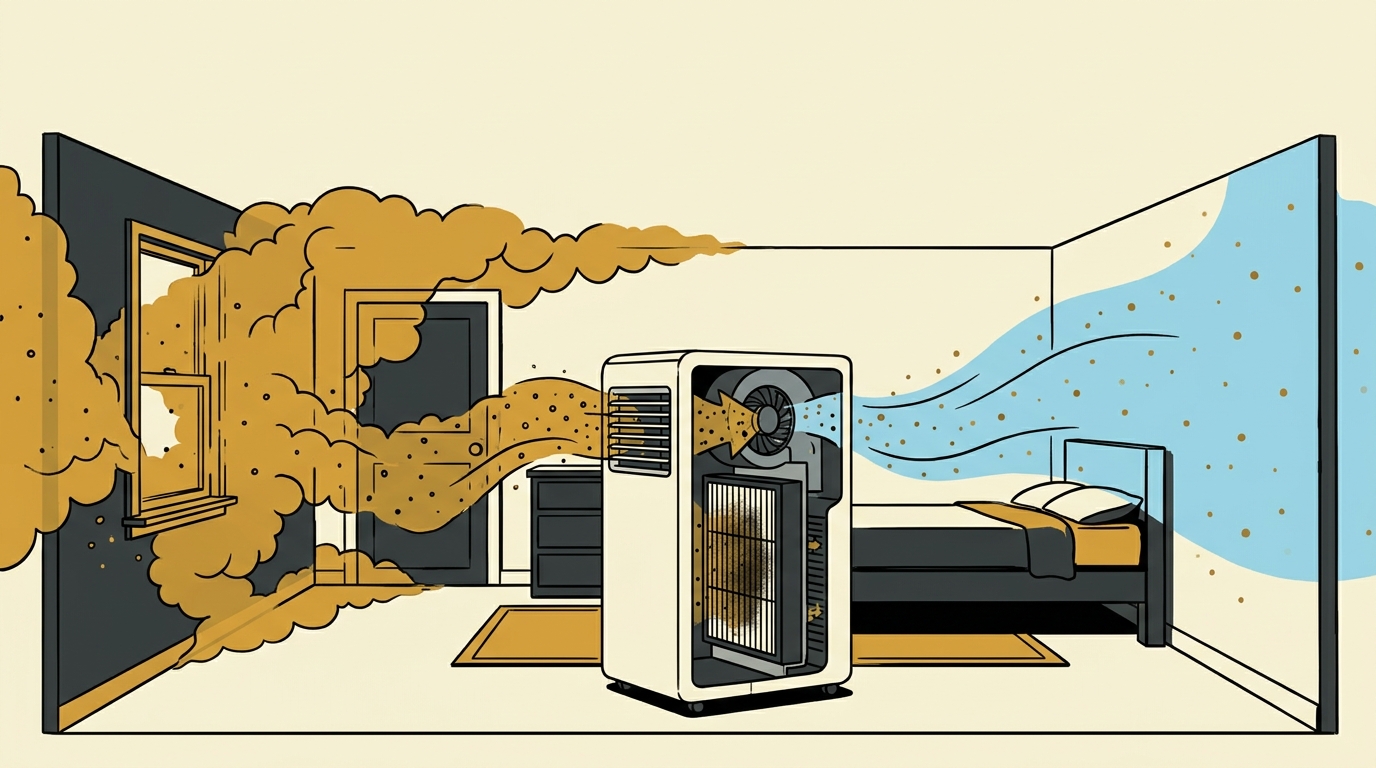 Generated editorial illustration showing wildfire smoke entering a bedroom and passing through a portable air cleaner into a cleaner blue-air zone.