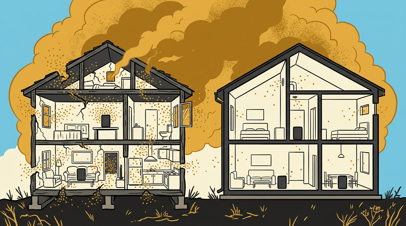 Generated editorial cutaway comparing heavy smoke infiltration in an older cracked house with lower but nonzero infiltration in a newer filtered house.