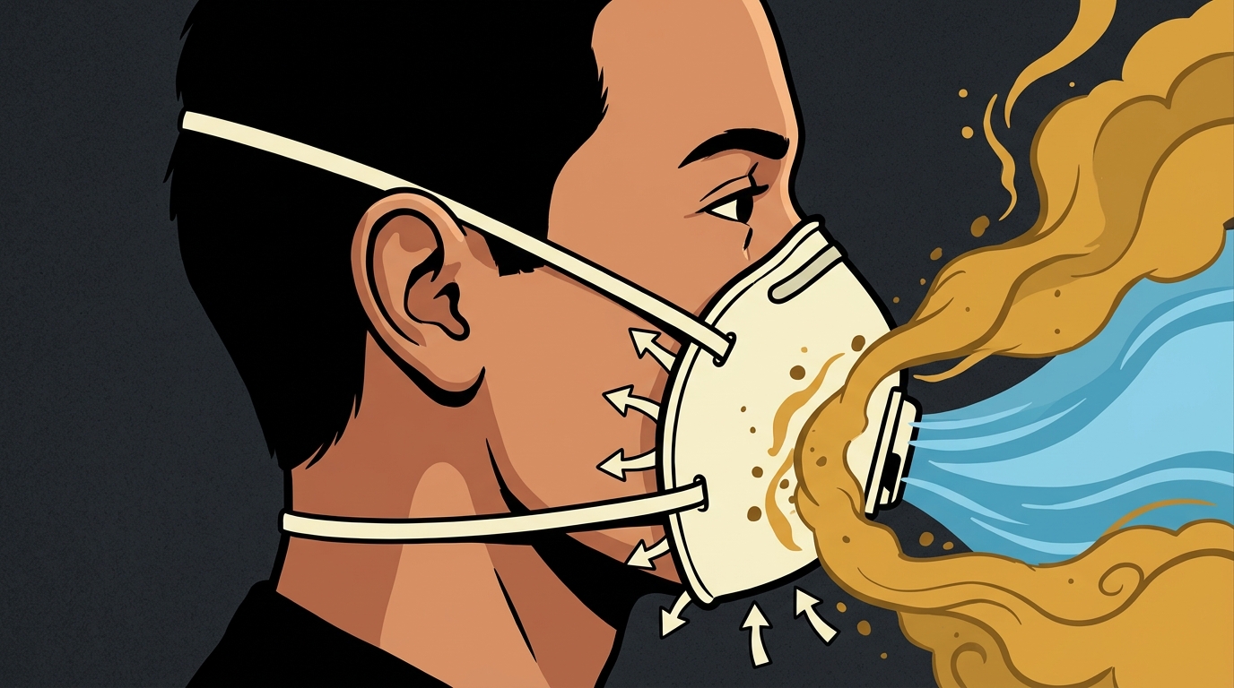 Generated editorial side profile of an adult in a head-strap respirator, showing smoke stopped at the filter and some leakage around an imperfect cheek seal.